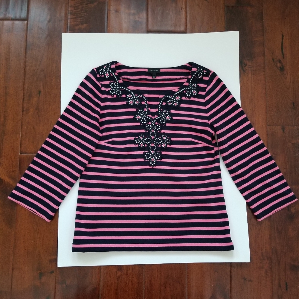 TALBOTS Pink/Navy striped top with scroll neckline - Size S